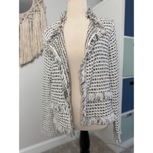 Chico's Women's Cream Woven Tweed Drape Front Open Cardigan Sweater Fringe 2/L